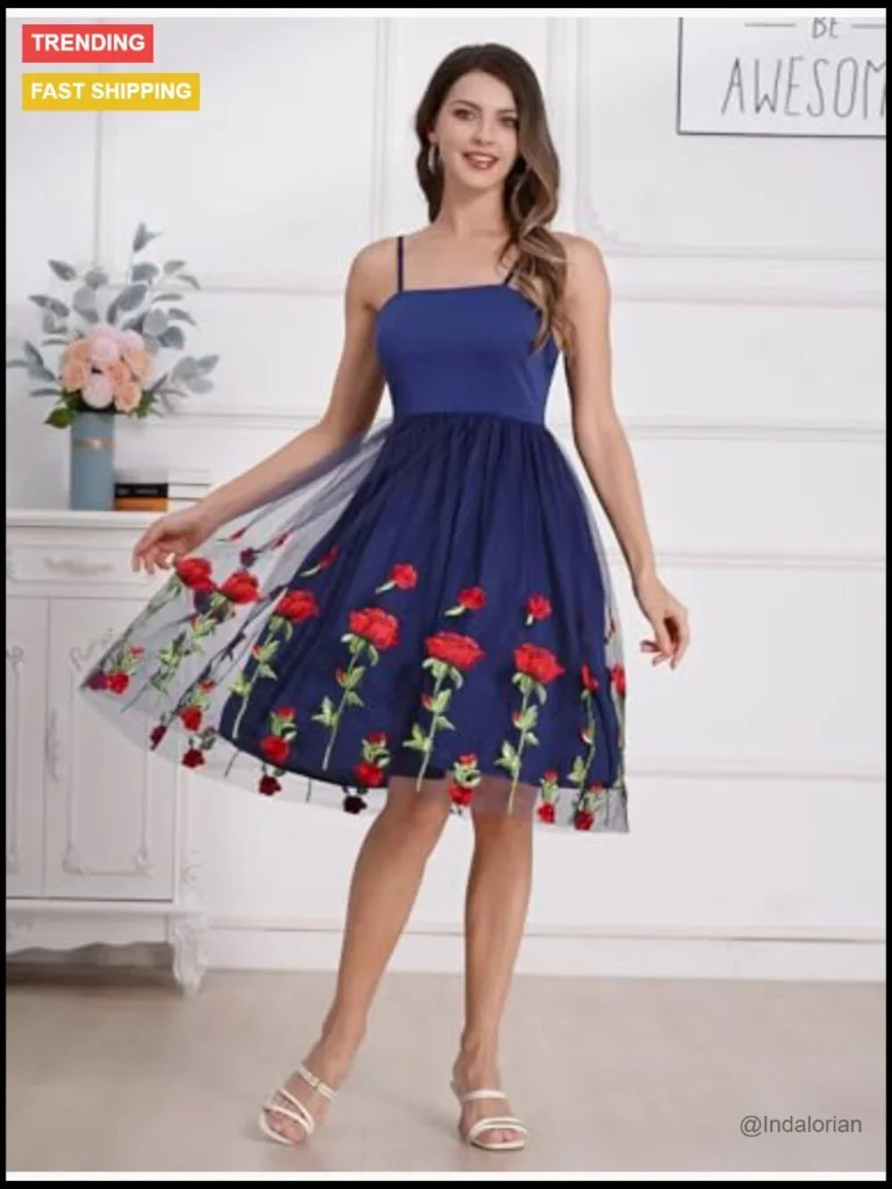Spaghetti Strap Floral Embroidered Tulle Prom Cocktail Party Dress